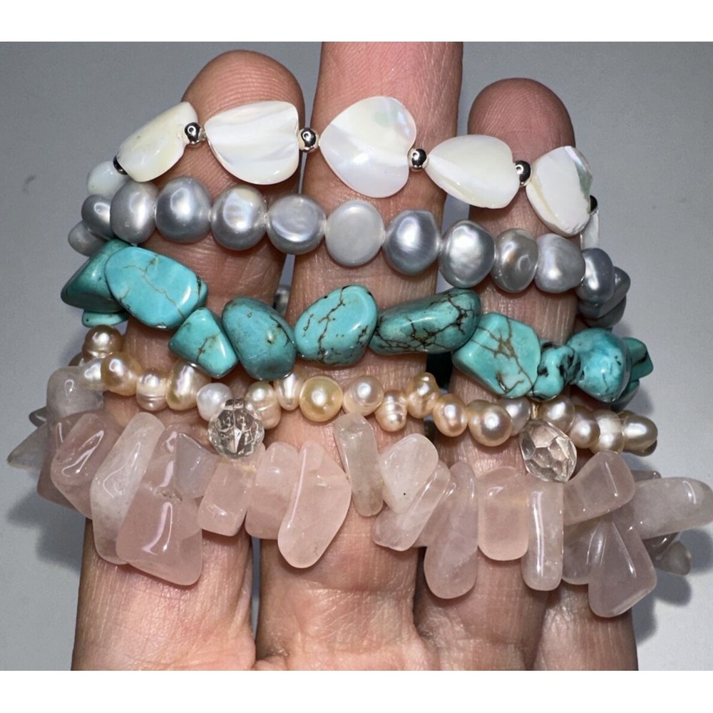 Gemstone Bracelet Pearl Shell Rose Quartz Turquoise Crystal Set 5 Stretch Nugget